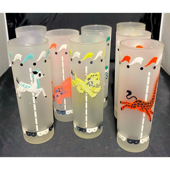 1950s Libby “Merry Go Round” Hand Painted Carousel Collins Glasses- Set of 8 - Picture 6 of 10